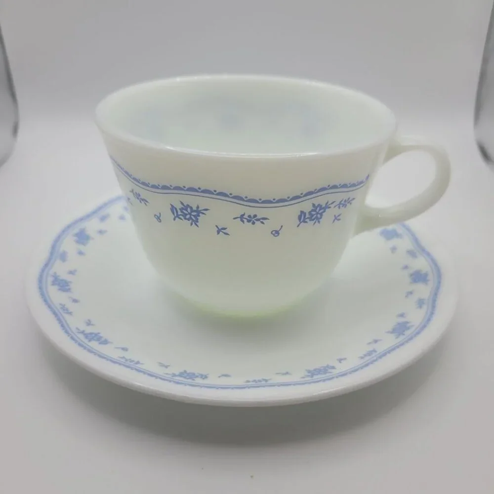 Pyrex Corelle‎ By Corning Blue Flower Teacup Saucer Set White Glass Coffee